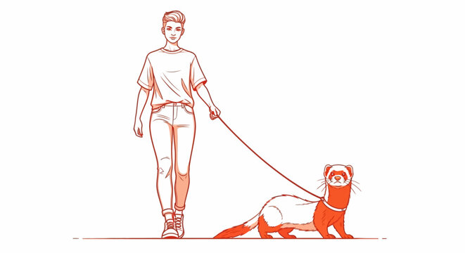 Young person walking a pet ferret on a leash
