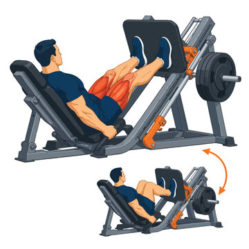Man performing leg press exercise on gym machine to build thigh muscle strength