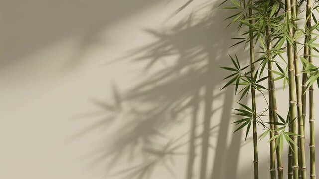Minimalist background with bamboo stalks and soft shadows on a beige wall. Wide copy space.