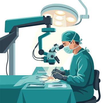 Surgeon performing delicate microsurgery using microscope in operating room for medical procedure