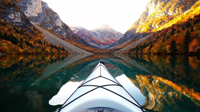 Point of view shot from the bow of a white kayak on a calm mountain lake reflecting vibrant orange and yellow autumn foliage on steep rocky slopes during a bright sunny day.