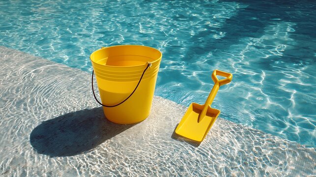 Bright plastic bucket and toy shovel floating near the edge of a swimming pool, sunny day reflections, clean summer vibe