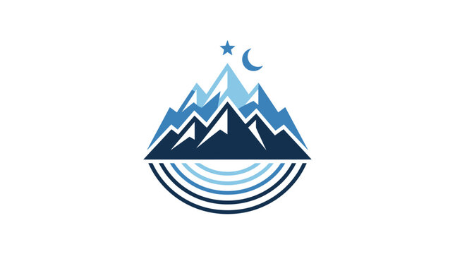 Circular mountain night logo with moon and water.