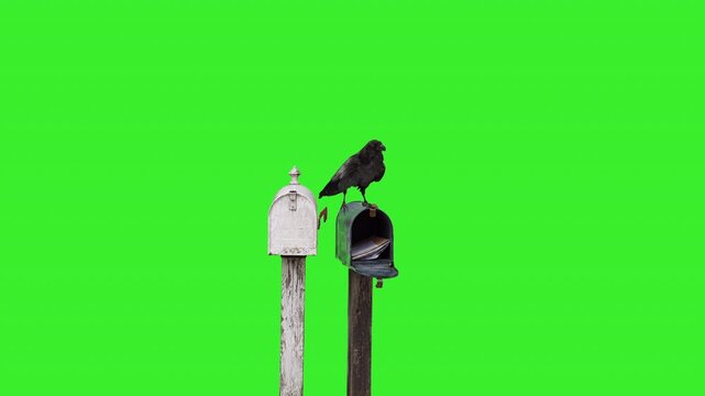 Raven cawing on a mailbox green screen