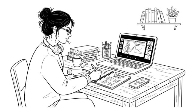Female student taking macroeconomics class online from home with e learning