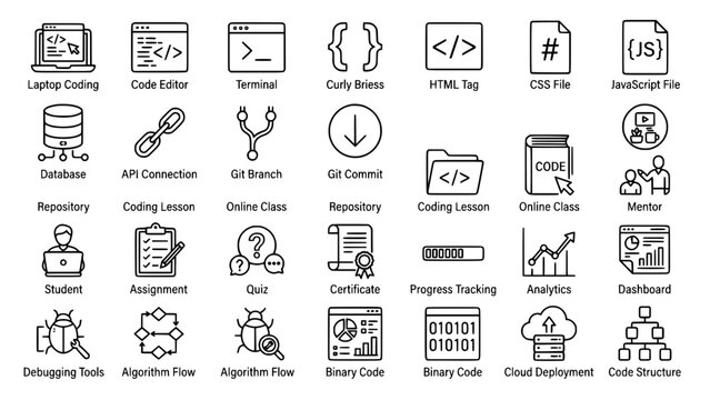 Web development and coding course icons with programming development software