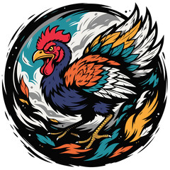 Fototapeta premium Fierce Rooster Illustration with Vibrant Colors and Flames.