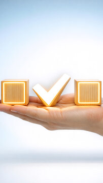 Concept of agreement or validation represented by gold check marks in the hands