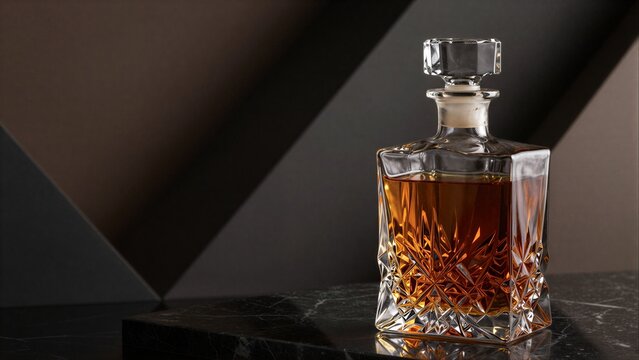 Elegant crystal decanter holds amber liquor on dark marble, shadowed backdrop.