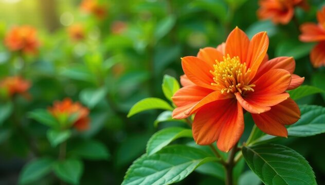 Vibrant firebush flower blooms amidst lush greenery in a garden, showcasing its bright orange-red hues , blooming flowers, tropical flowers, red flowers