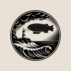 Vintage Blimp Flying Over Lighthouse. © Velora