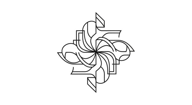 Elegant black and white abstract line art symbol with swirling geometric and organic shapes, modern graphic design element for logos or icons