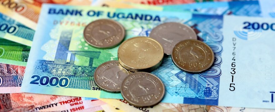 Ugandan shilling money bills and coins on table. Uganda cash of UGX currency close up
