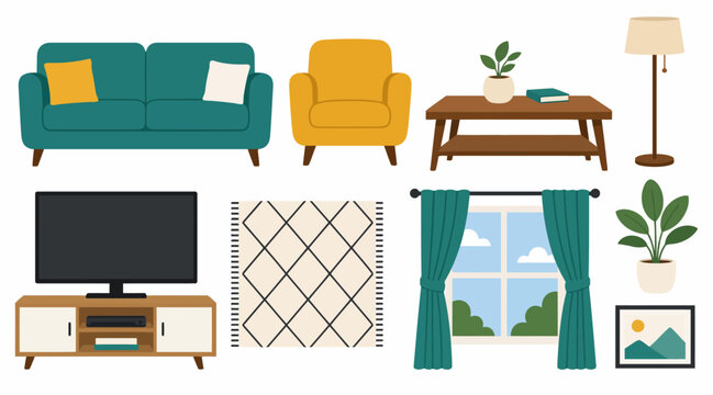 Modern living room furniture and decor flat vector illustration.