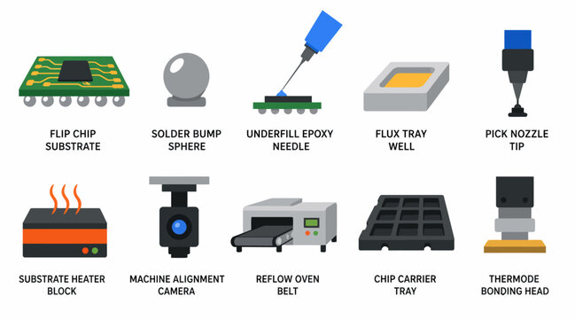 Collection of electronic manufacturing components and tools.