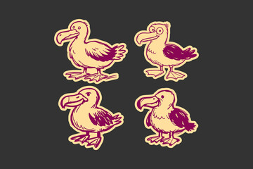 Dodo bird collection featuring four hand drawn cartoon characters with a retro aesthetic and stylized dark purple lines isolated on a soft cream background set © DzgnVibe