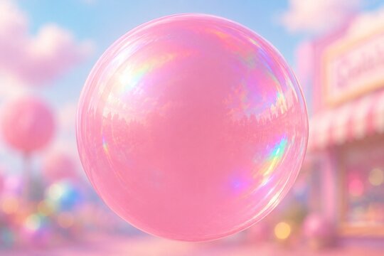 Large pink bubblegum bubble with iridescent highlights against a pastel background.