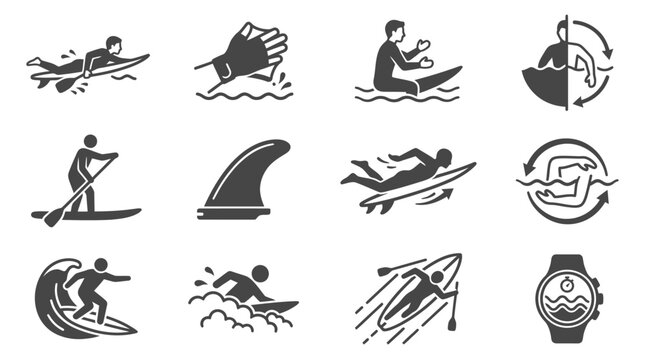 Black icons of people surfing water.