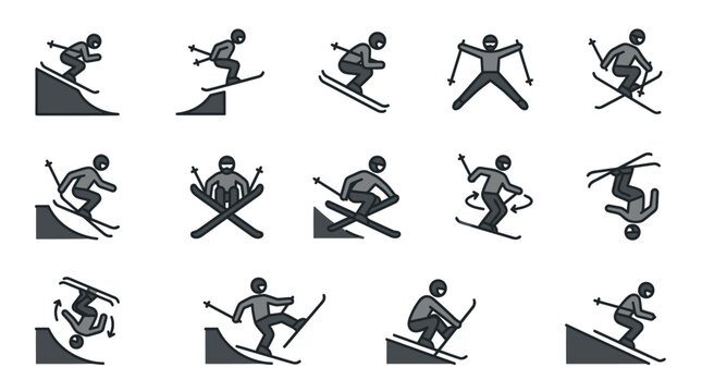 Black silhouettes of snowboarder action poses.