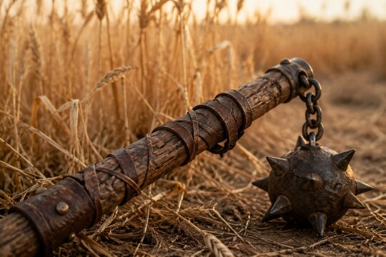 An old, worn flail discarded in a wheat field with textured wood and leather.
