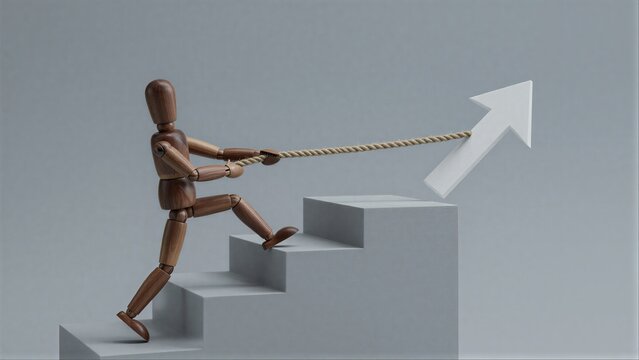 Wooden figure pulls rope attached to upward arrow, ascending steps toward success.