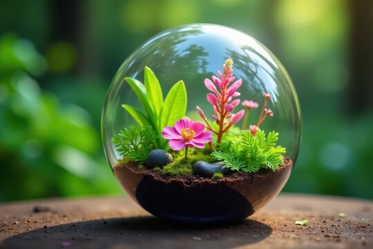 Vibrant plants and flowers inside a clear glass orb, glass sanctuary, foliage inside, mini garden