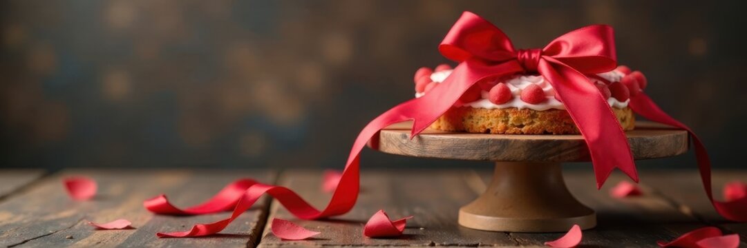 Vibrant red ribbon bow tied around a wooden cake stand, celebration decoration, cake decoration, party table setting