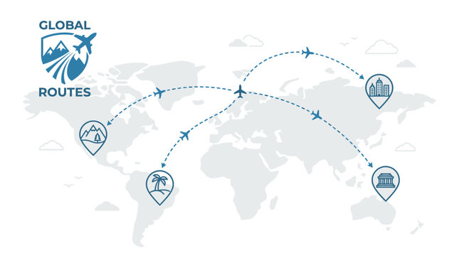 Global routes map with flight paths and location markers.