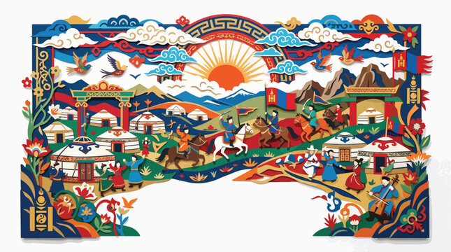 Colorful mongolian landscape with yurts and riders in paper cut art