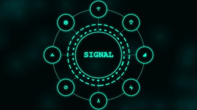 Signal technology interface with glowing digital icons and network connection