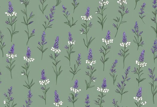 delicate lavender and herb seamless pattern on muted green background, botanical illustration