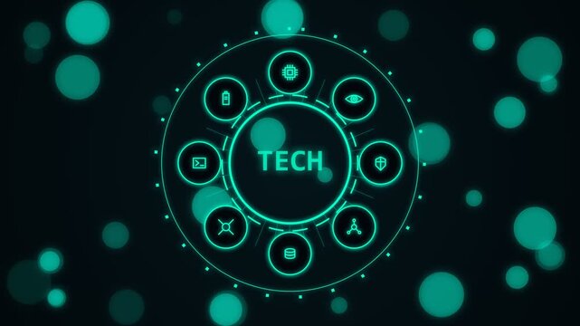 Tech interface with circular menu and digital icons on dark background