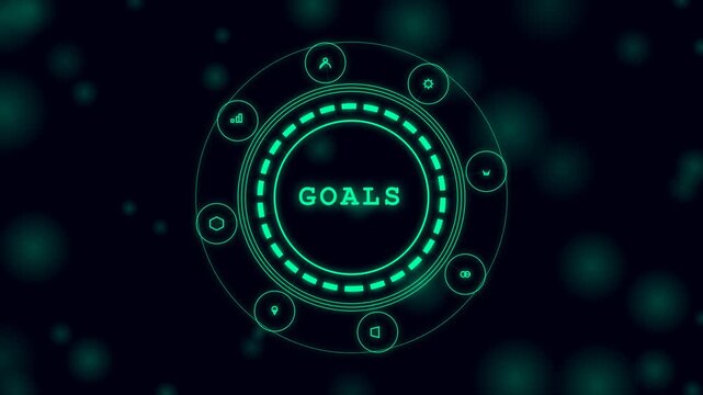 Goals digital interface with glowing circular HUD elements and data icons
