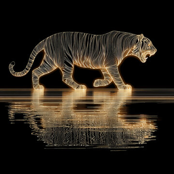 Glowing tiger illustration walking with reflection on water, bright lines create striking and dynamic animal design in dark background
