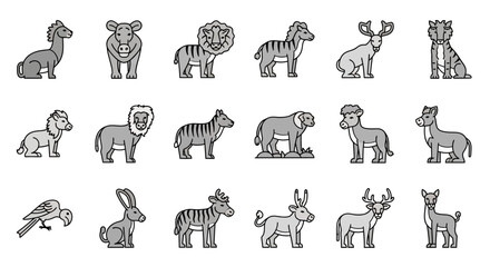 Collection of various wild animals in a simple stylized black and white illustration. © Nabila