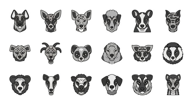 Black and white animal face illustrations.