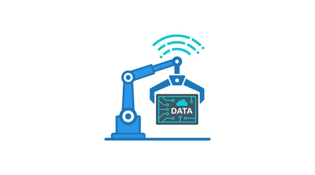 Industrial robotic arm handling a digital data cloud cube.