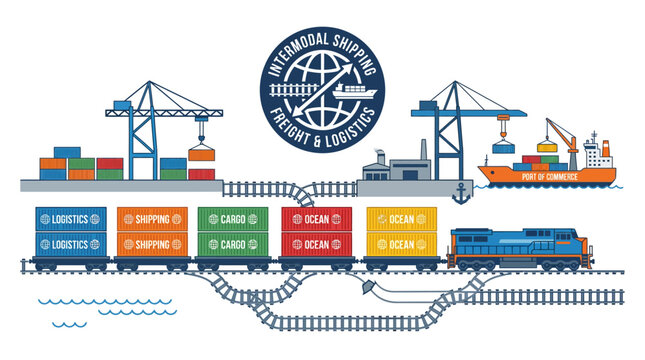 Intermodal shipping illustration with cranes trains and ships layout.