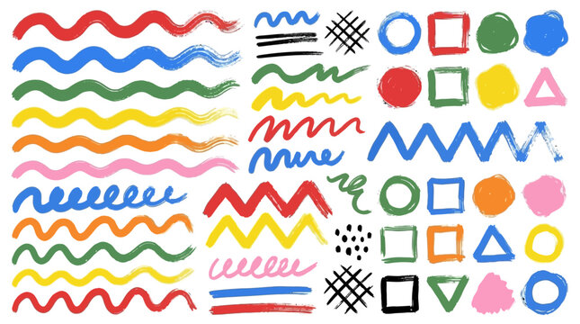Vibrant multicolored naive brushstrokes featuring bold wavy patterns, playful squiggles, and primitive geometric shapes on a white artistic canvas for modern creative graphic design.