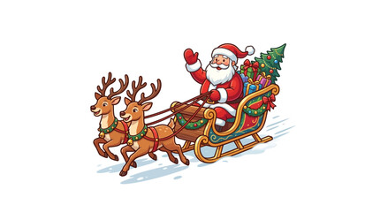 Fototapeta premium Santa Claus riding sleigh pulled by reindeer with holiday gifts