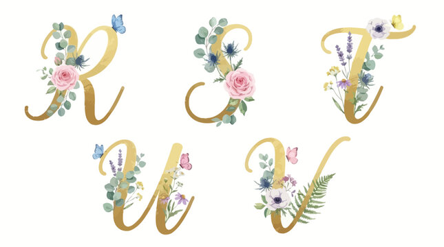 Elegant Golden Floral Alphabet Letters R S T U V Vector Set Isolated on White with Ornate Botanical Leaf Motifs for Wedding Invitations Luxury Graphics and Festive Typography Design