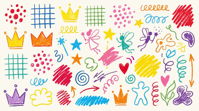 Vibrant set of playful handdrawn doodle shapes featuring artistic charcoal and chalk textures with colorful abstract scribbles and creative graphic elements for modern illustrative projects