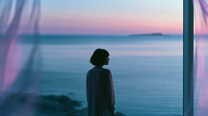Fototapeta premium distant woman gazing at serene sea through softly blurred window