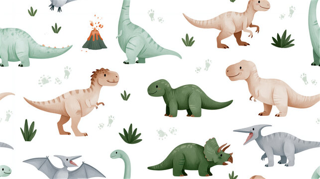 cute seamless cartoon dinosaur pattern with volcano and tropical plants