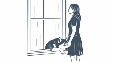 Woman with husky dog at window on rainy day © Rahma