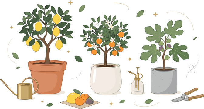 Flat vector illustration of indoor fruit trees featuring potted lemon orange and fig trees with a watering can glass mister and pruning shears