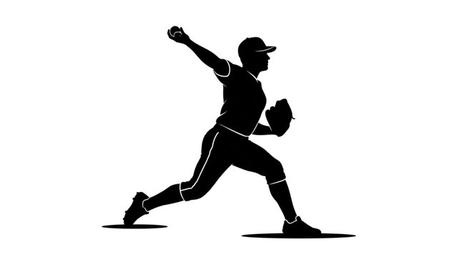 Baseball pitcher silhouette throwing ball, isolated vector illustration