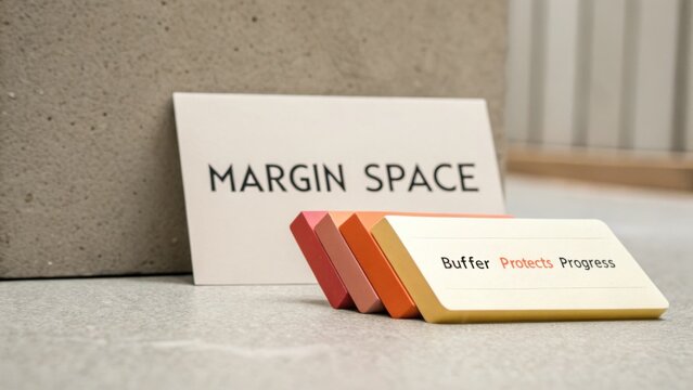 Unique Margin Space Concept with Colorful Blocks Representing Buffer, Protects, and Progress in Modern Workspace