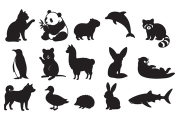 Obraz premium Cute Animal Silhouette Collection Set Isolated on White Background with Various Wildlife and Pet Icons