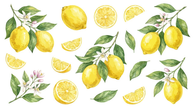 Hand-painted watercolor botanical illustration set featuring ripe yellow lemon citrus fruits, fresh green foliage leaves, aromatic blossoms, and juicy fruit slices isolated on white background
